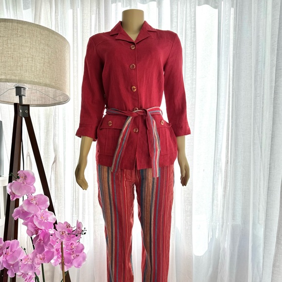 Paraphrase Red Linen Pant And Blazer Jacket Set Size 8 Vibrant Retro Striped - Picture 10 of 15